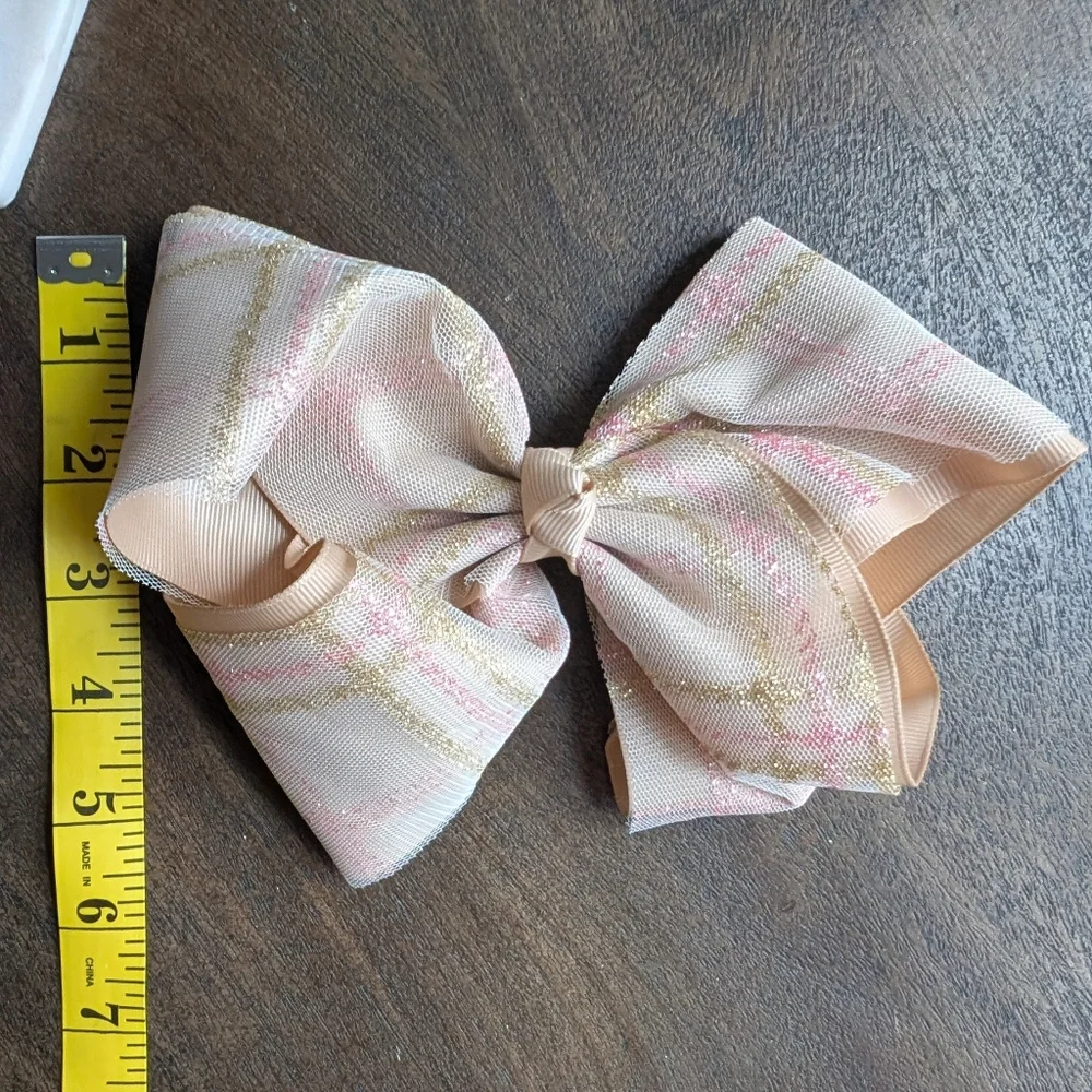Pink, Taupe, Beige Hair Bow Clips Pink Gold Plaid Glitter